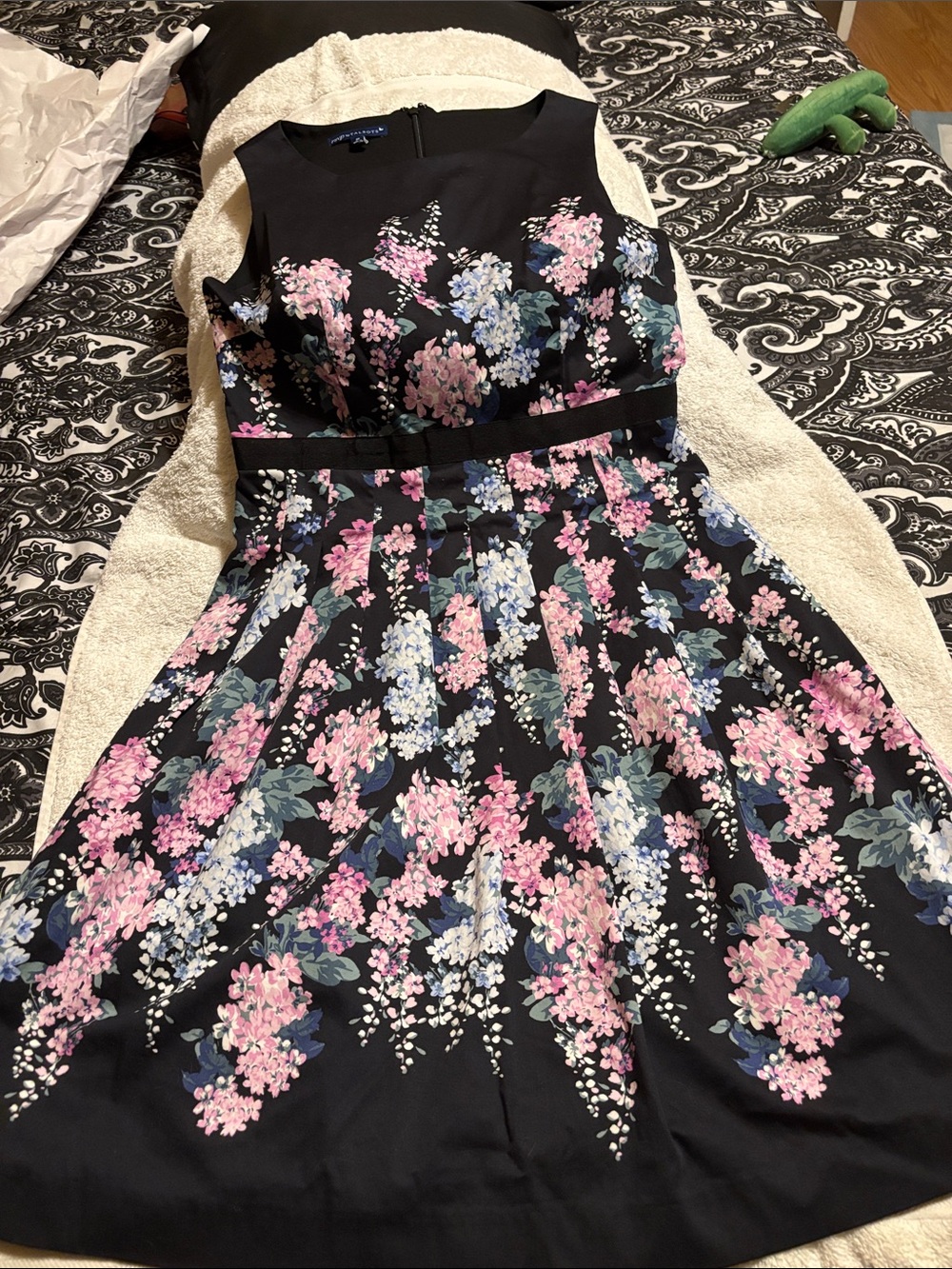 Talbots Black Sleeveless Floral Fit-and-Flare Dress with Pink & Blue Blossoms
